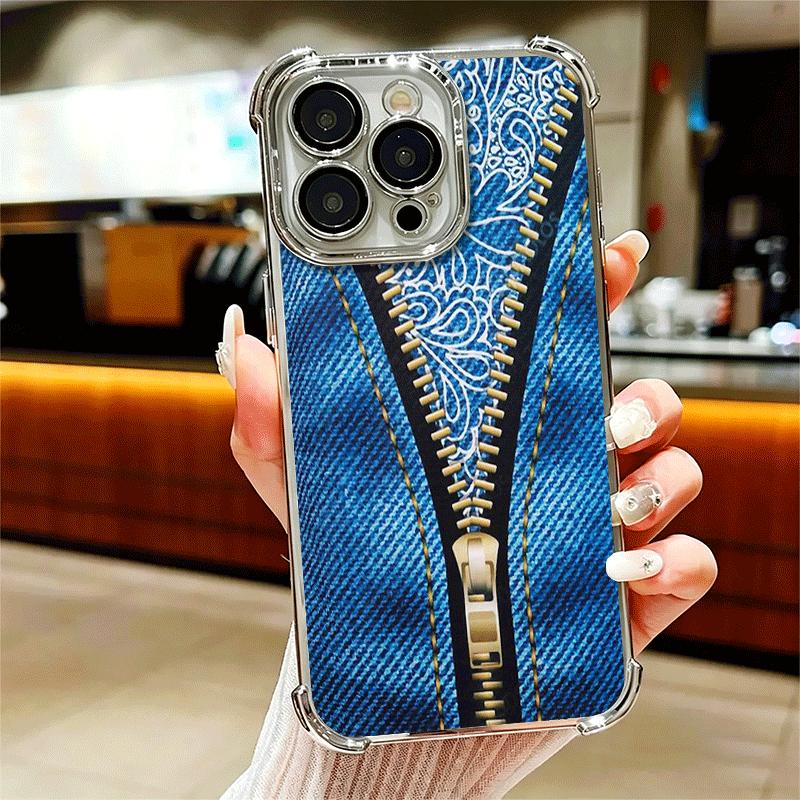Retro Zipper Jeans Pattern Soft Phone Case For iPhone 15 16 17 Air 14 Pro Max 16E Plus 13 12 Mini Plating Anti-Fall Fundas