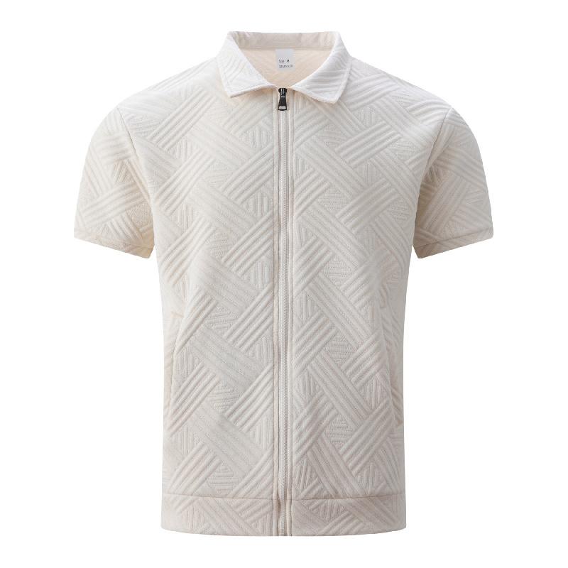 New Men's Clothing, Large Size Men's Solid Color Jacquard Lapel Casual Outdoor Zip-up Short-sleeve Jacket