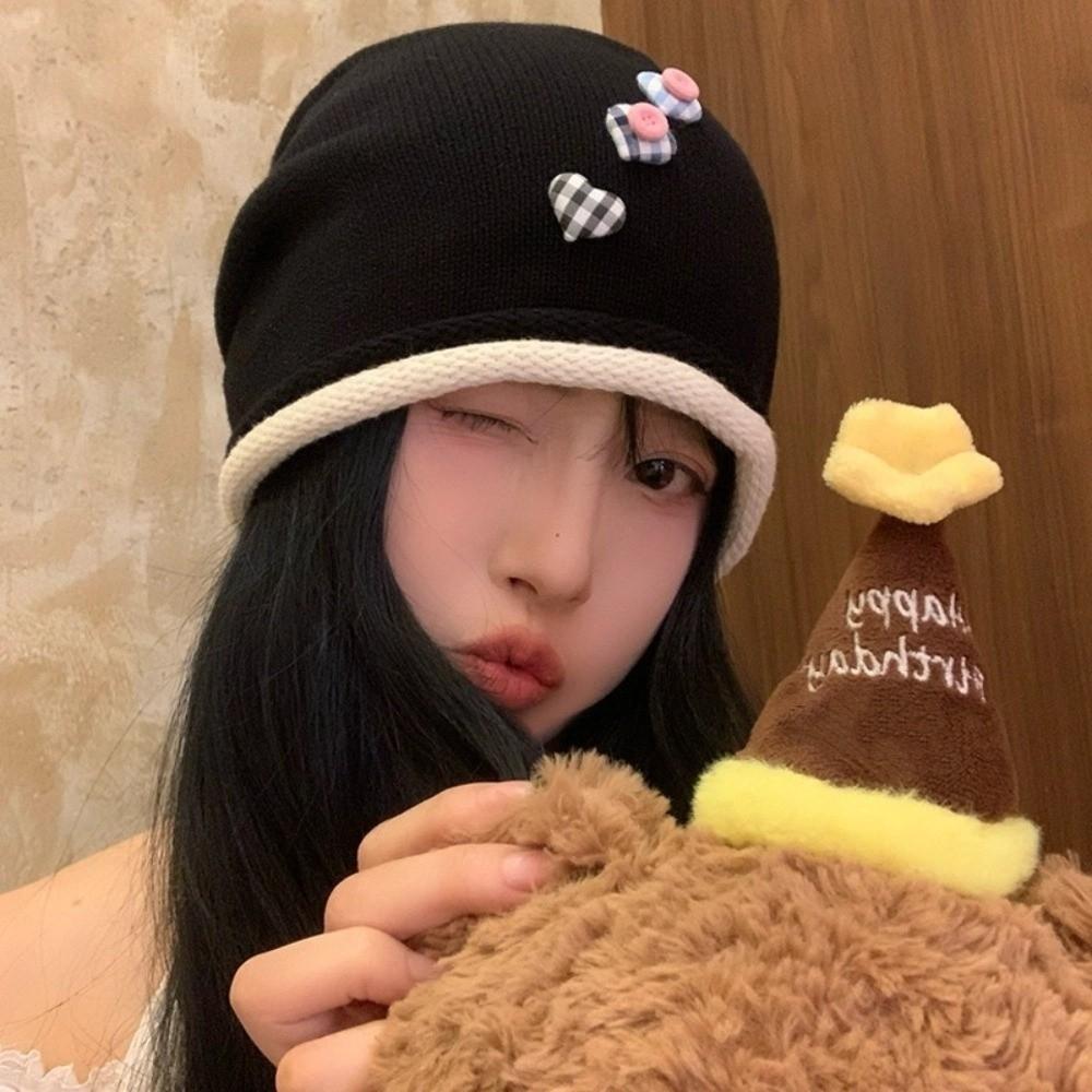 Heart Button Knitted Beanies Cap Vintage Pullover Hats Fashion Y2k Baggy Cap  Streetwear