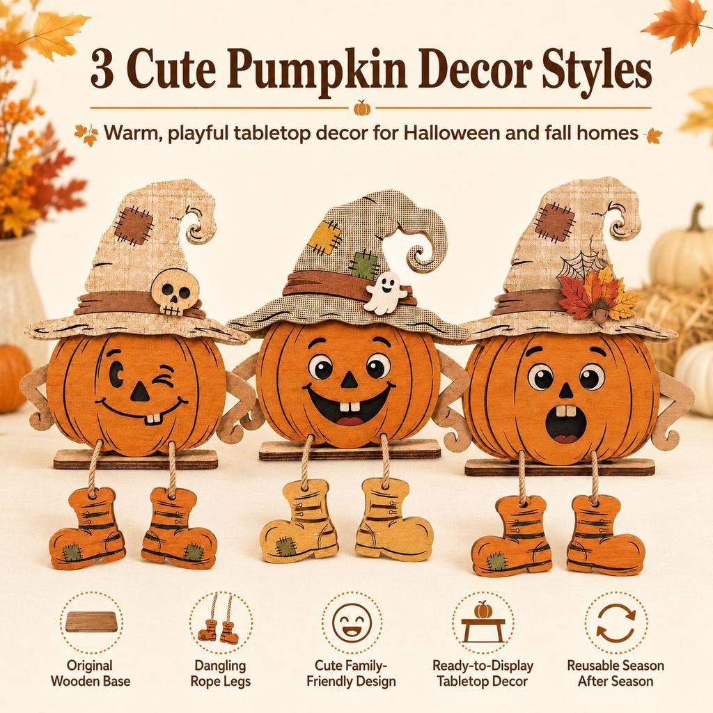 2D Flat 3Pcs Cute Halloween Wooden Pumpkin Sign Desk Tabletop Ornament Spooky Ghost Desktop Decor Festival Party Pack