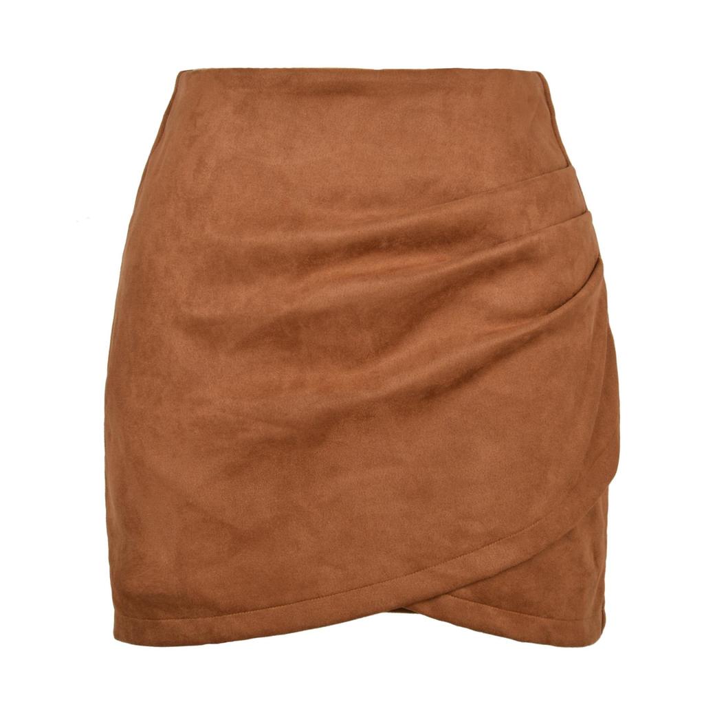 Gonna avvolta in natiche in pelle scamosciata tinta unita Gonna corta con cerniera irregolare pieghettata per abbigliamento da donna