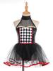 Kids Girls Halloween Doll Clown Costume Halter Neck Checkerboard Sequins Tutu Dress Dancewear Fancy Dress Up Costume