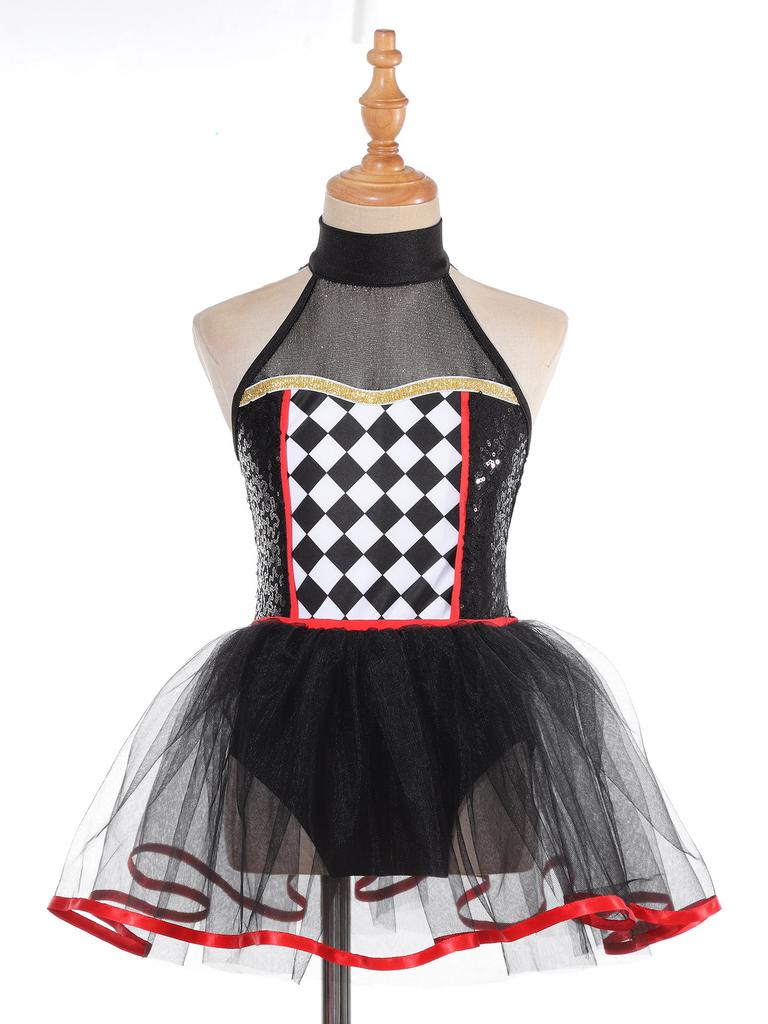 Kids Girls Halloween Doll Clown Costume Halter Neck Checkerboard Sequins Tutu Dress Dancewear Fancy Dress Up Costume