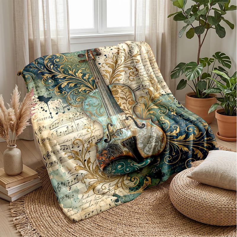 Vintage Violin Melody Theme Blanket Lightweight Warm Flannel Blanket Decorative Throw Blanket for Home Decoration