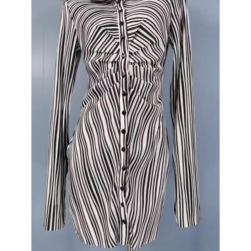 Export Single FN Elastic Fabric Pleated High Waist Black and White Striped Slit Speaker Long Sleeves Dress Plus Plus Size