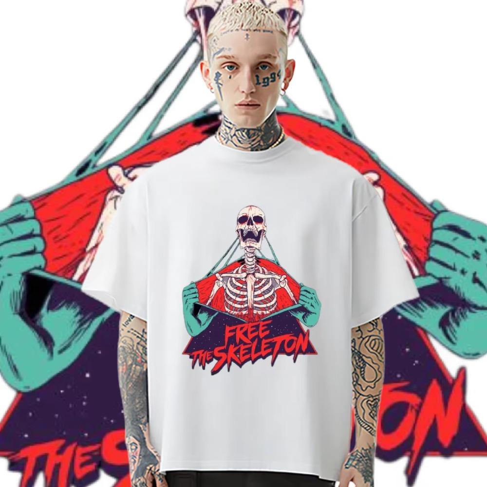 Horror Skull Round Neck Tops Short Sleeve Loose Clothes Retro Rapper Tshirt Graphic Printing Cotton T-shirt Causal Men Tees DIY