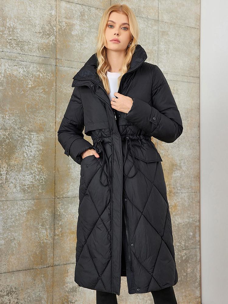 PINK CHIC 2025 New Winter Coat Women Down Jackets High Quality Rhombic Warm Lace up Hooded Long version Female Parka W6553