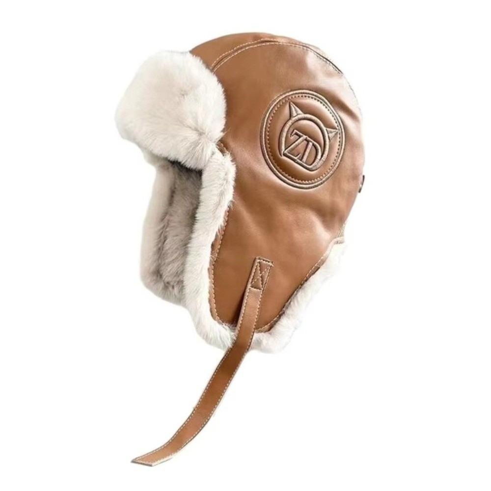 

Furry Leather Rocket Cap PU Cycling Hat Fashion Furry Lei Feng Cap Winter Season Outdoor Wear кавовий