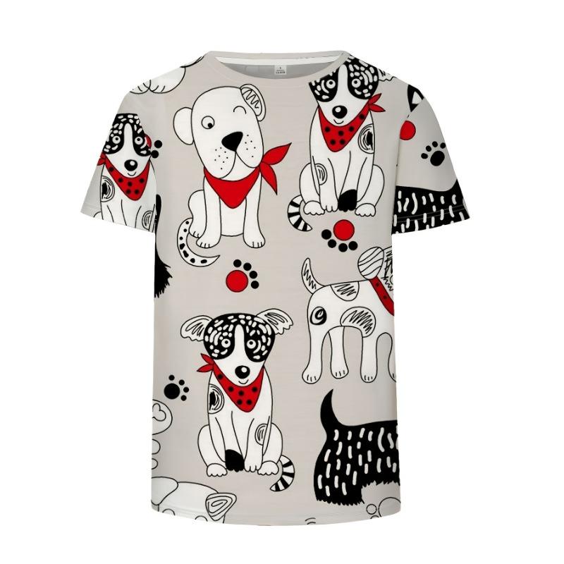 Weißes Doodle Hund Damen T-Shirt - Niedlicher Welpe & Bandana Grafik, Verspieltes Cartoon Print Design für Lässige Tägliche Kleidung