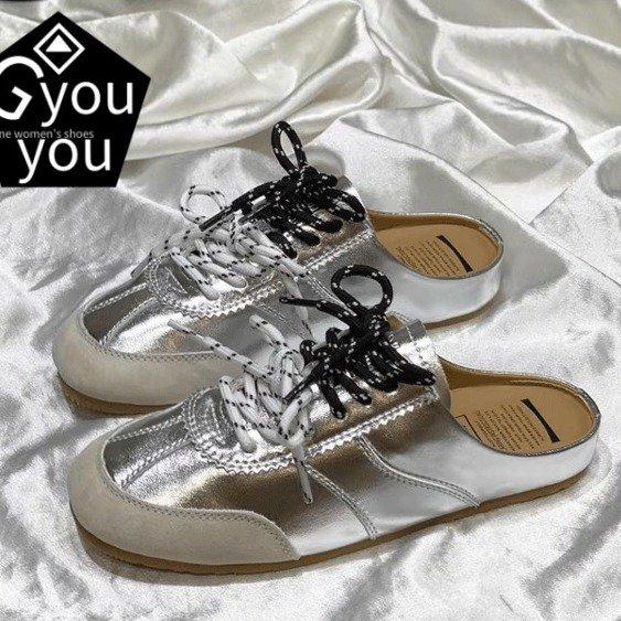 Leather casual bag head half-drag soft-soled Muller one-pedal lazy thick-soled flat-bottomed silver Agande training board shoes women