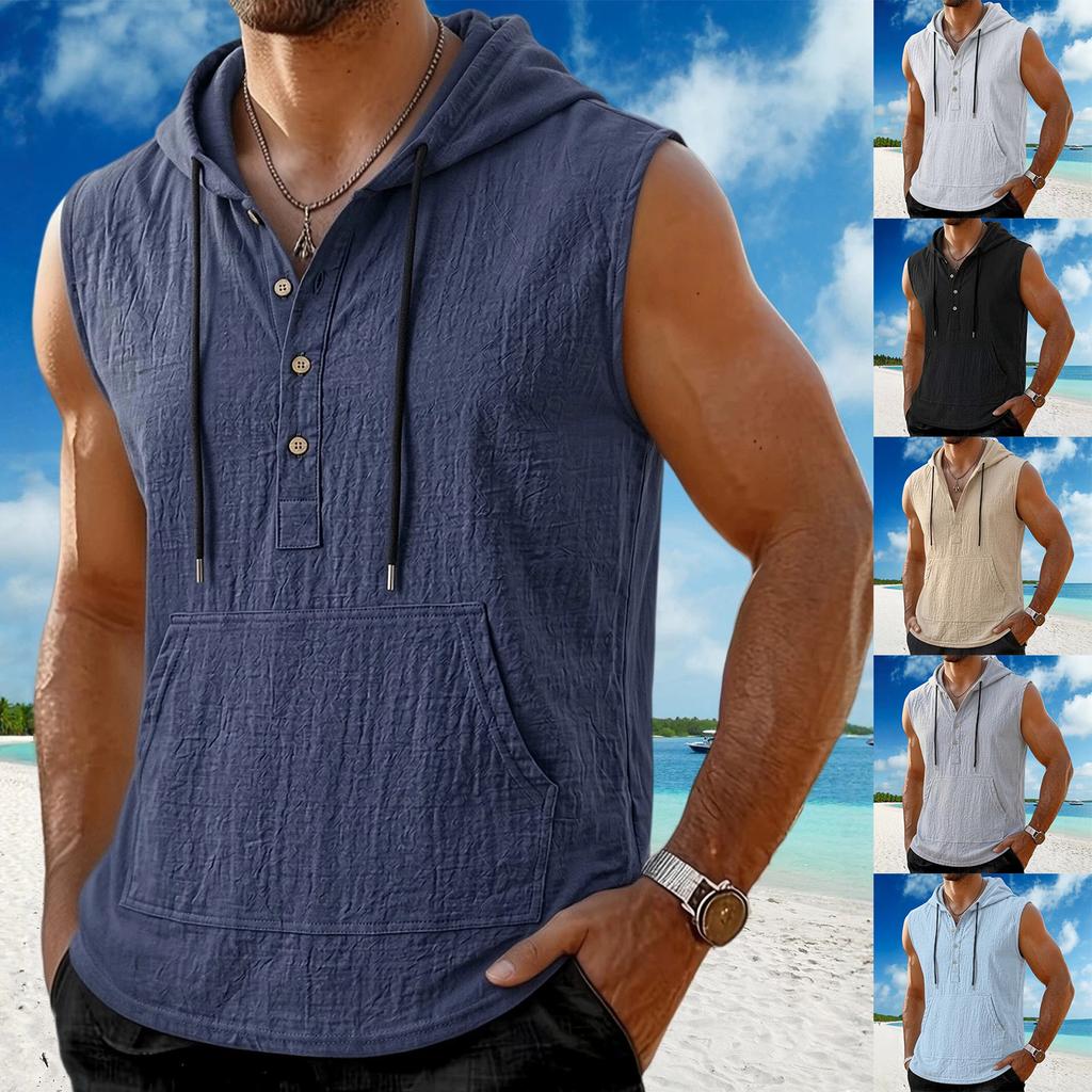 Men Sleeveless Hoodie Button Front Pullover Linen Cotton Blend Casual Vest with Kangaroo Pocket and Adjustable Drawstring Hood