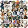 50 New Round Retro Style Watercolor Cat Doodle Stickers Floral Theme Not Repeating Stickers