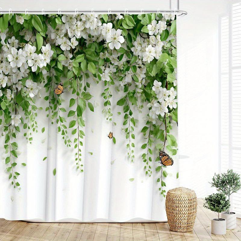 

White Flower Vine Shower Curtain Green Leaves Butterfly Art Bathroom Decor Nature Garden Bath Curtains For Modern Home Interior W60H190(CM)-1 Pcs