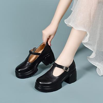 Chaussures Mary Jane à semelles épaisses pour femmes, chaussures en cuir petites à bout rond, style collège à bouton en T, petites chaussures simples, petit talon épais, chaussures pour femmes