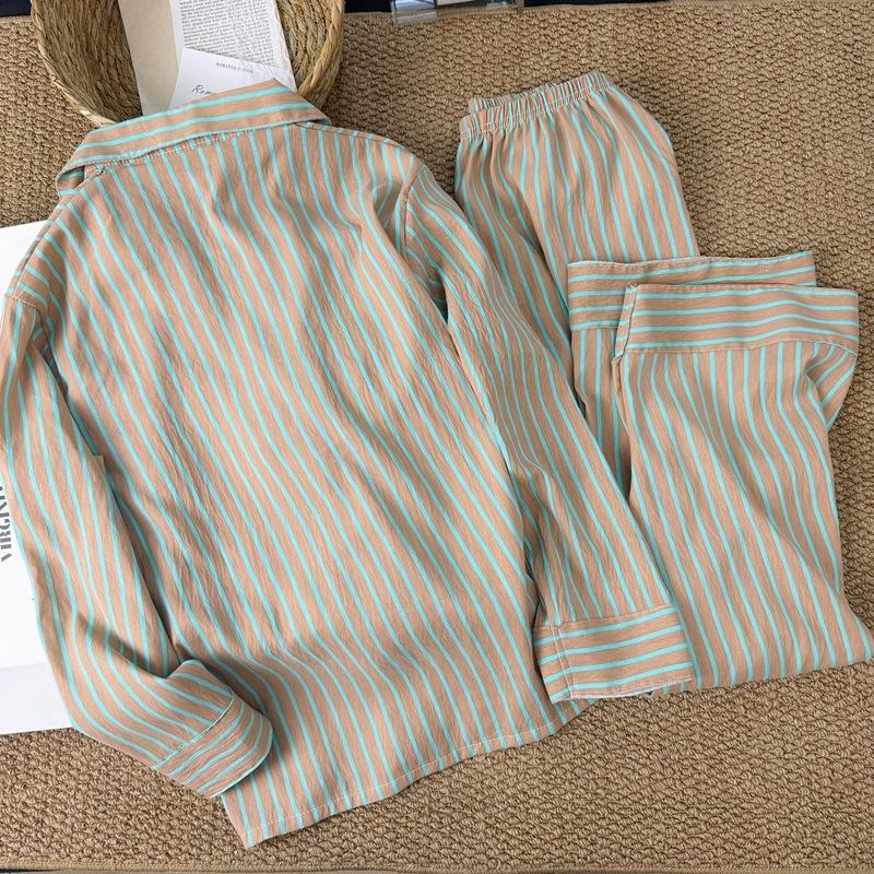 Korean Simple Contrasting Striped Pajamas Women's New Summer Loose and Lazy Long-sleeved Trousers Loungewear Two-piece Set