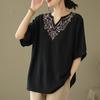 Women T-shirt Deep V Neckline Embroidery Floral Pattern Pullover Tops Pure Color Loose Fit