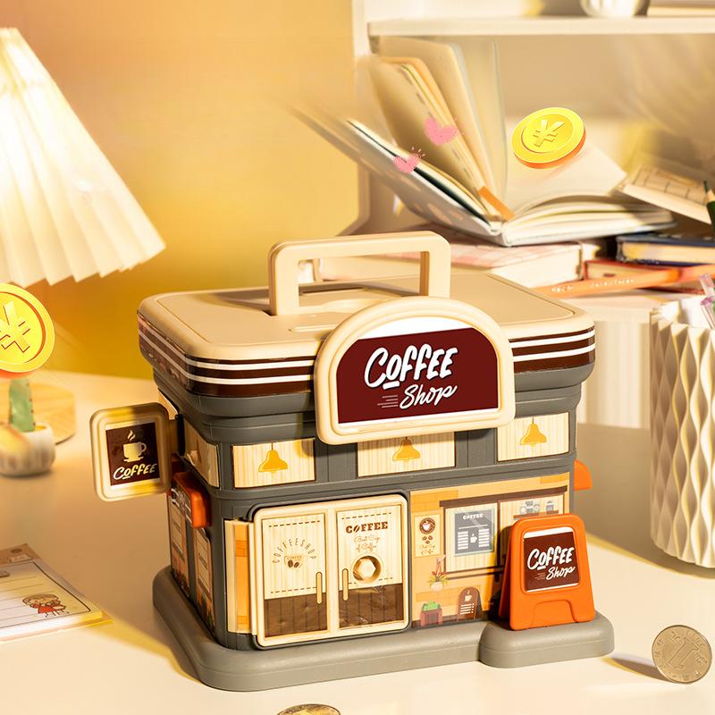 Money Box with Key Lock Creative Child Savings Can Portable Convenience Store Coffee Shop Shape Piggy Bank Coin Storage Box