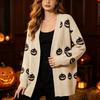 Damen Lässiger Lockersitz Halloween Kürbis V-Ausschnitt Strickjacke für Herbst und Winter
