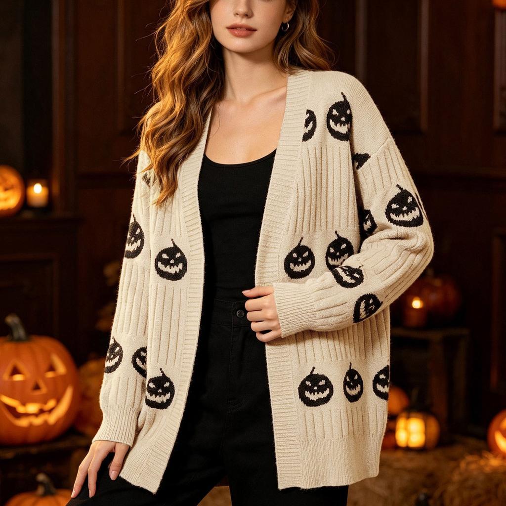 Damen Lässiger Lockersitz Halloween Kürbis V-Ausschnitt Strickjacke für Herbst und Winter