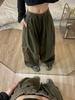Women's Retro Wide-Leg Drawstring Cargo Pants - Multi-Pocket, Floor-Length, Casual Sport, Spring & Autumn.