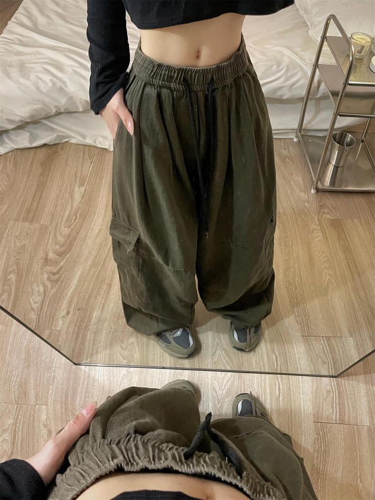 Women's Retro Wide-Leg Drawstring Cargo Pants - Multi-Pocket, Floor-Length, Casual Sport, Spring & Autumn.