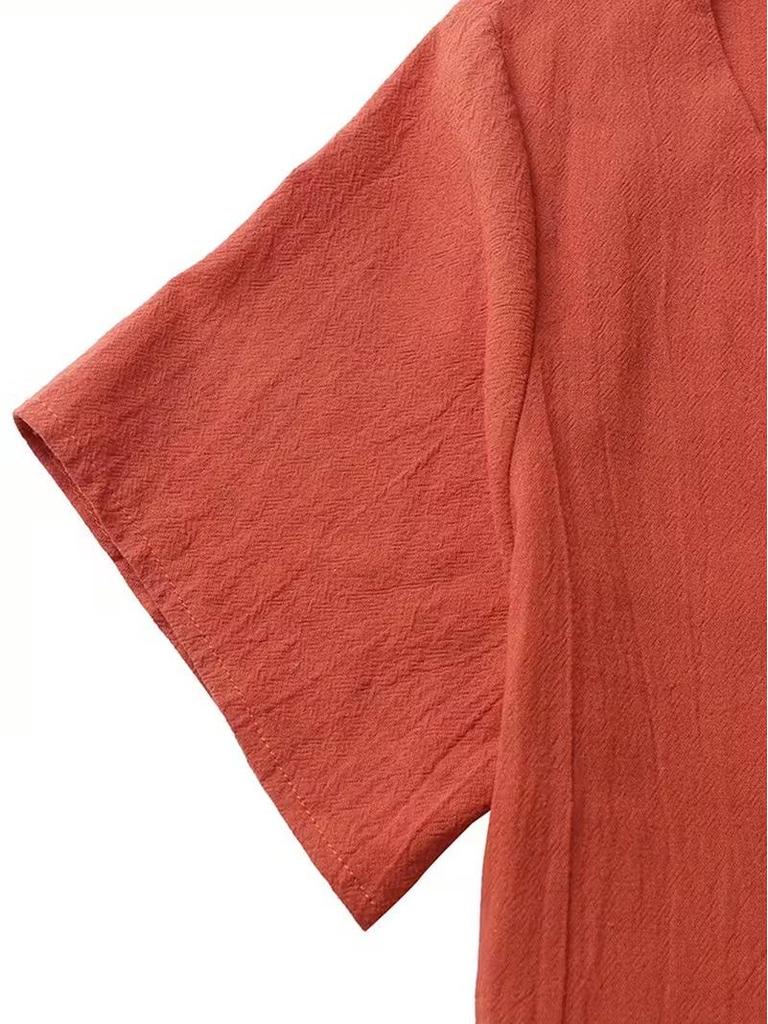 V-Neck Loose Solid Color Cotton Linen Women's Dress