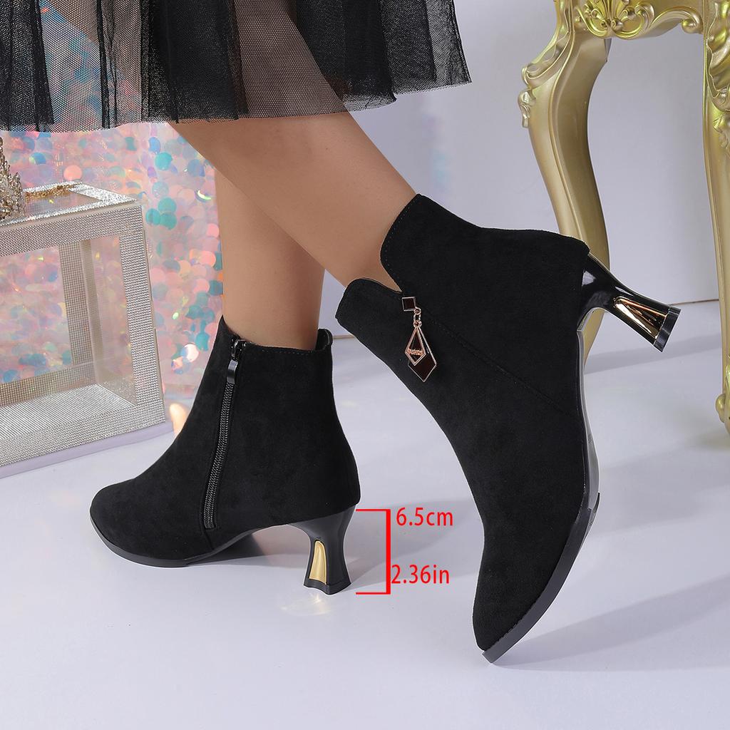 New thin-heeled mid-heeled pointed fleece boots and bare boots in autumn and winter, short tube, solid color high heel.