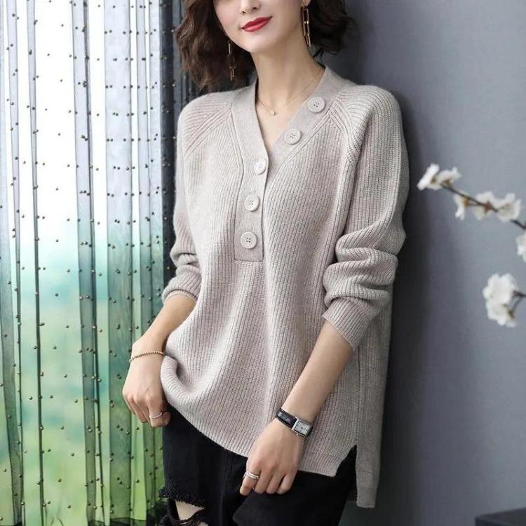 Women Autumn Winter Warm Knit Sweater V Neck Loose Tops Classic Outer Wear Inner Take Sweater M