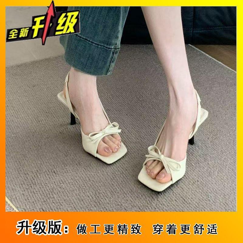 Temperament side empty open-toed sandals women's 2025 summer new French retro bow square head stiletto high heels women