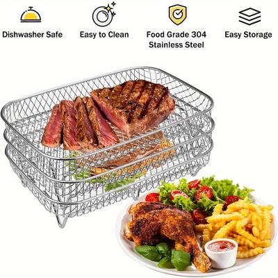 Acessórios para Air Fryer de Aço Inoxidável de 1/3 Camadas Grelha de Churrasco Empilhável Cesta para Fritar Alimentos Multiuso para Assar Ferramenta de Cozinha