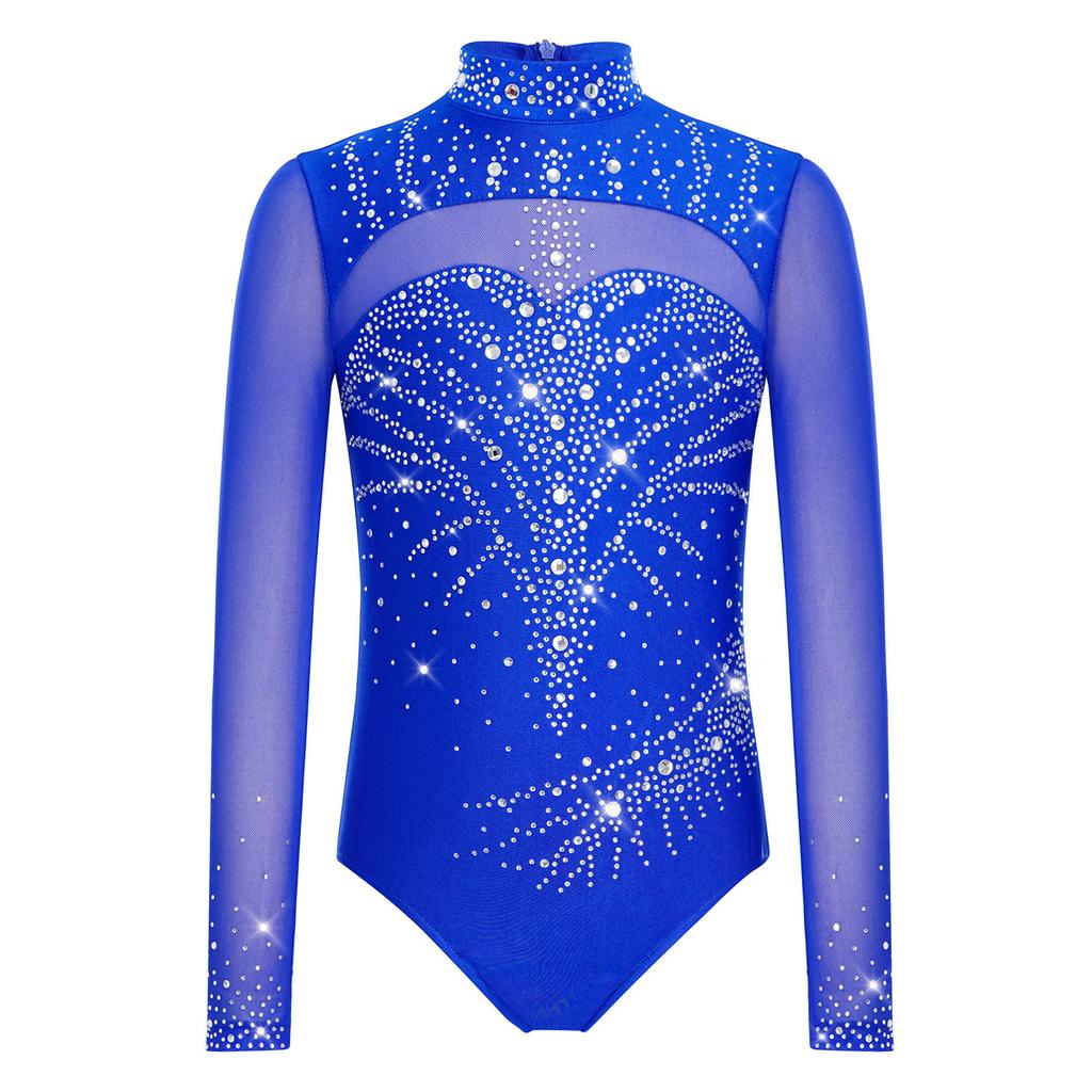 Dívčí trikot s rolákem a dlouhým rukávem, síťované díly, třpytivé kamínky, skrytý zip na zádech, gymnastický body