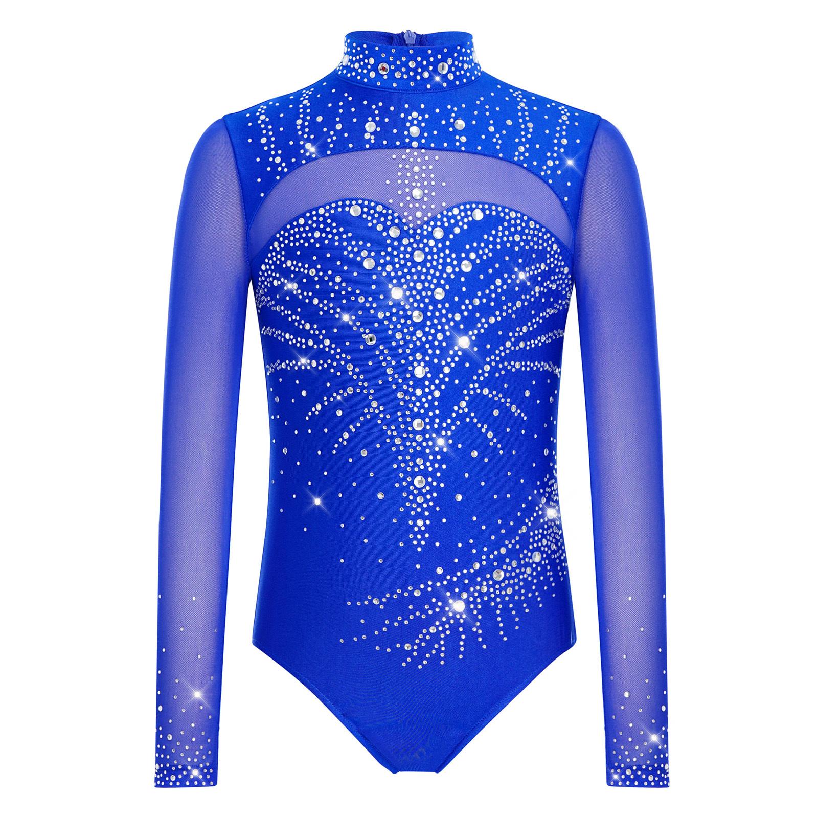 Ranrann Meisjes Mock Neck Leotard Lange Mouw Mesh Patchwork Glanzend Strass Rug Onzichtbare Rits Gymnastiek Bodysuit 5-6 Years blauw
