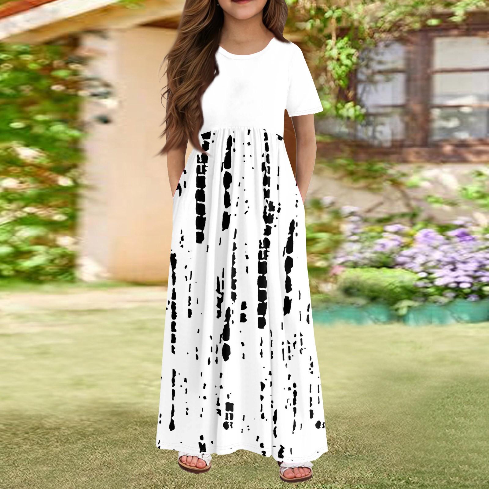 

Длинное летнее платье для девочек - платье макси с короткими рукавами и карманами для детей 4-14 лет 150 белый