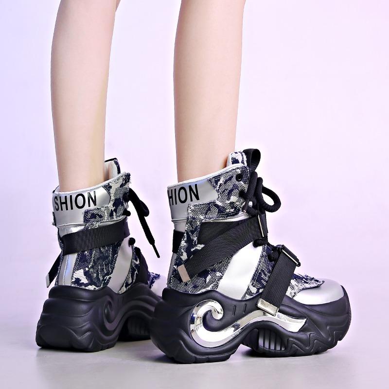 Fashion Winter Chunky Boots For Women Thick Plush Warm Snow Ankle Boots 8CM Wedges Leather High Platform Sneakers Woman Motorcycle Shoes