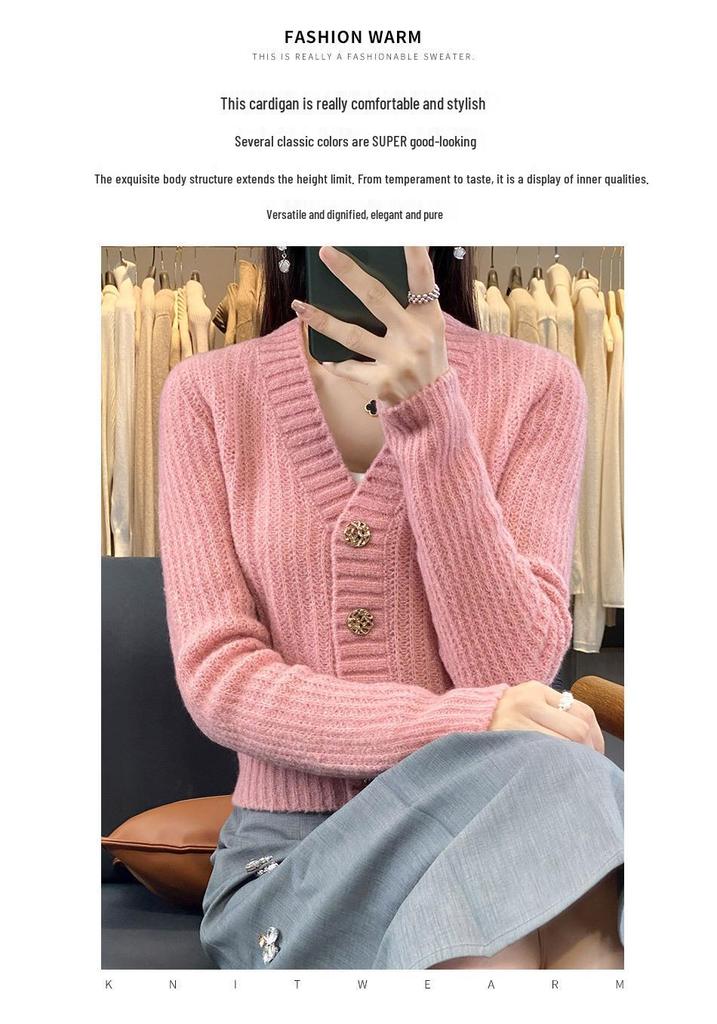 Women's Early Autumn High-Waisted Knit Cardigan - V-Neck, Fine Imitation Wool, Net Celebrity Style