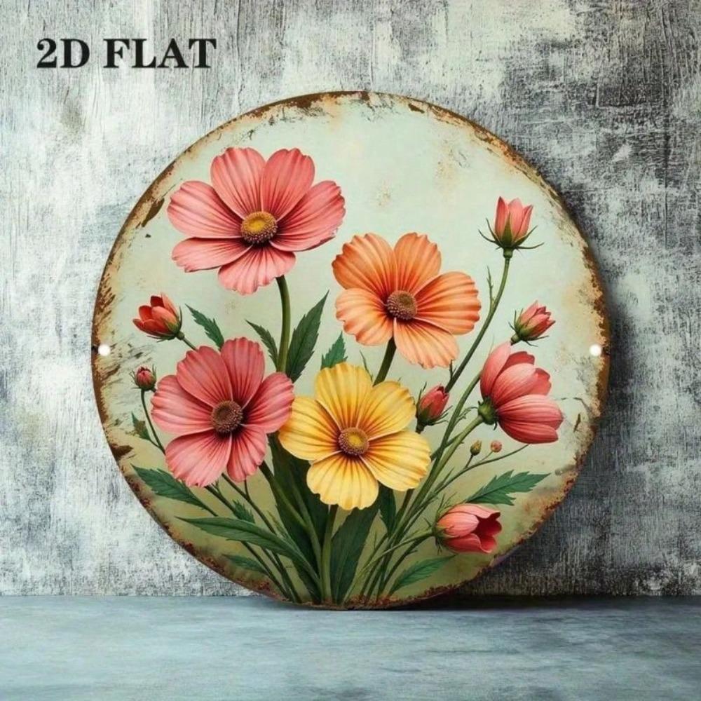 Vintage Round Metal Wall Art Sunflower and Morning Glory Pastel Tones Decor for Bedroom Living Room