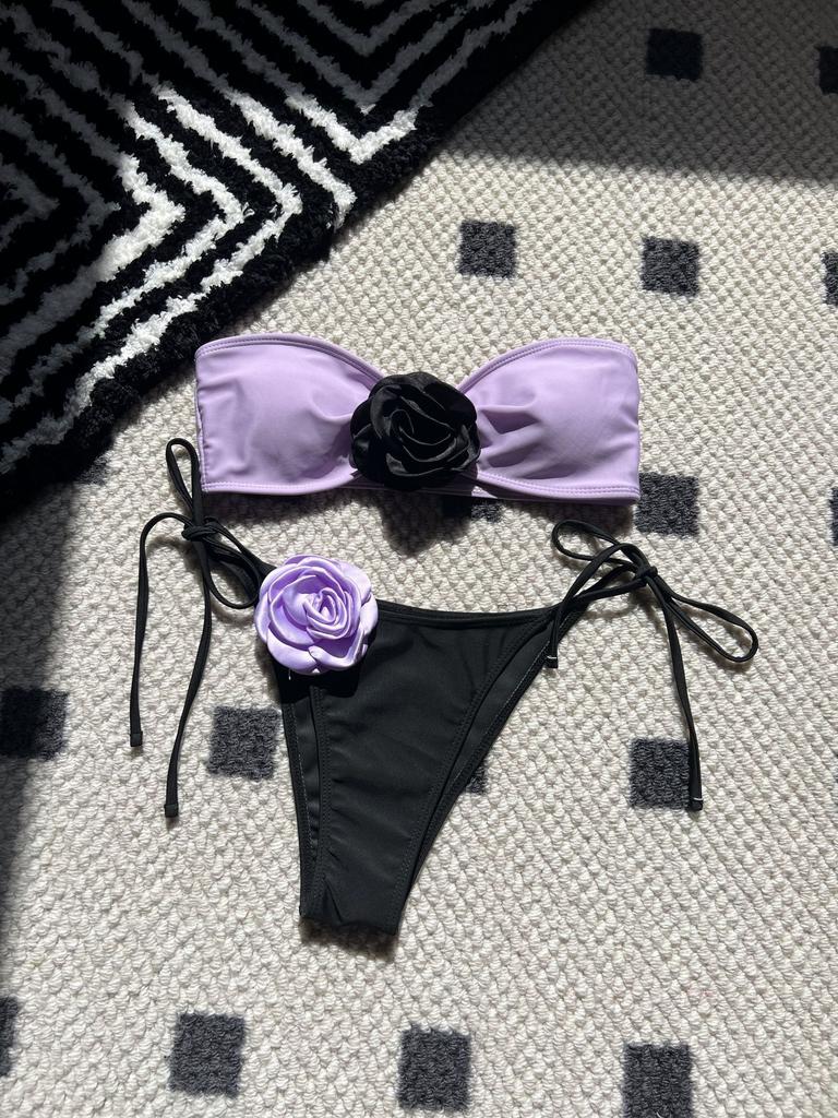 2026 Color Matching Rose Tube Top Strap Drawstring Straps Split Swimsuit Bikini