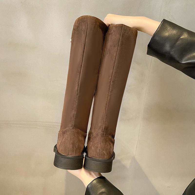 2025 New Knee-length Fashion Boots Knight Boots Matte Suede British Style Round Head Low Heel Niche Thin Boots