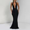 Women's Neck Deep V Backless Maxi Dress with Waist Tie Sash