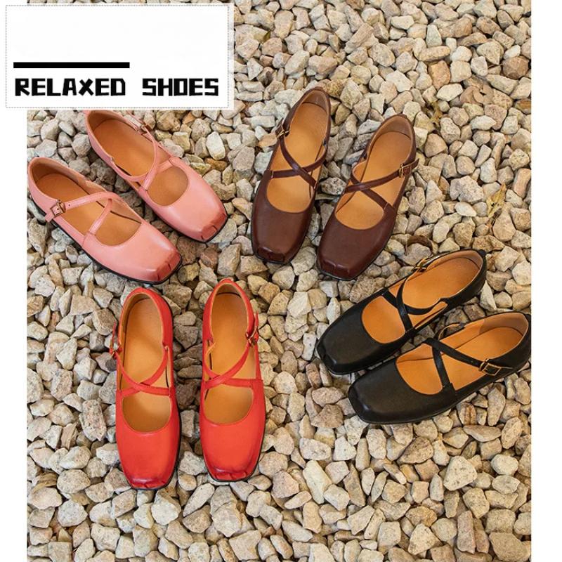 Johnature Genuine Leather Square Toe Mary Janes Shoes Retro Soft Sole Comfortable Buckle Women's Shoes