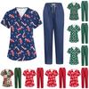 Women's Uniform Set with Short Sleeve Christmas Print Top and Pants, Two Piece Caregiver with Pockets