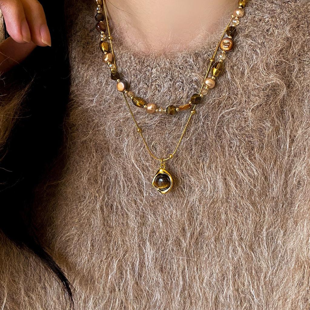 Retro Tiger's Eye Stone Natural Stone Beaded Necklace Set Women's New Light Luxury Fashion Collarbone Chain Temperament Sweater Chain