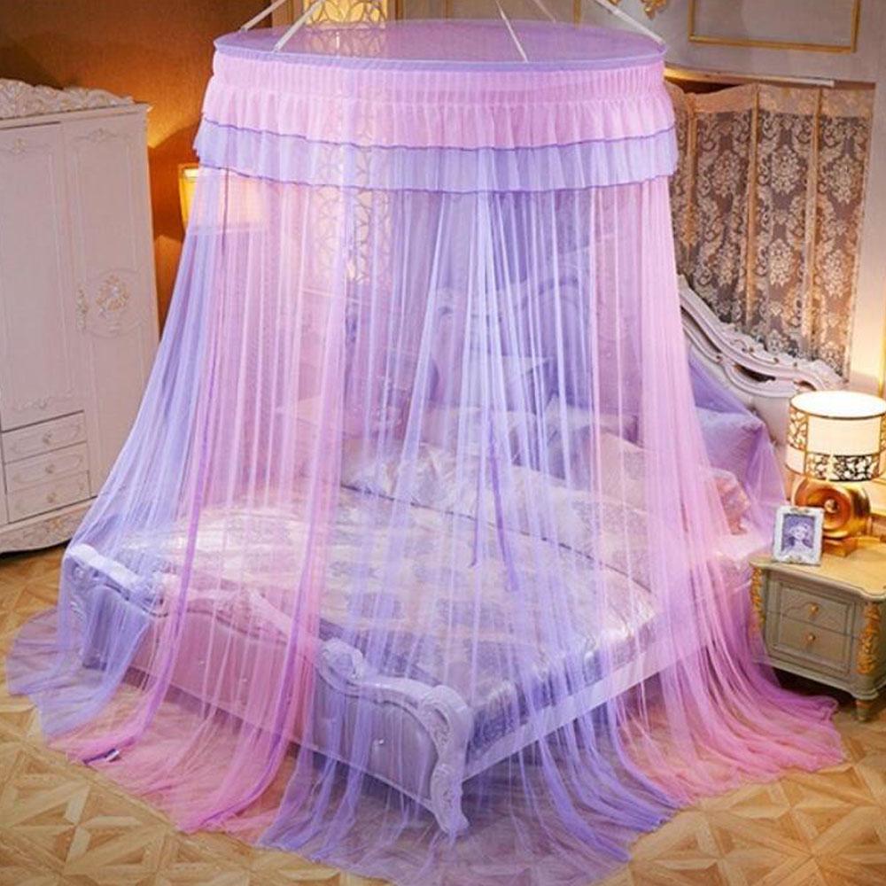 Elegant Blonder Seng Baldakin Myggnett Dome Hengende Blonder Insektsnett Kryptering Heving Tak Princess Dome Court