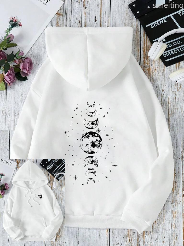 New with Different Moon Prints Front and Back Printed kangaroo pocket Hoodies Casual and Fashionable Women's Clothing