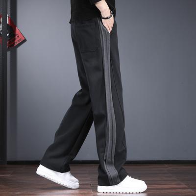 Design Casual Pants Men's Loose Straight Wide-leg Pants Autumn and Winter Stripes Soft Waxy Feeling Fleece Thickened Sweatpants