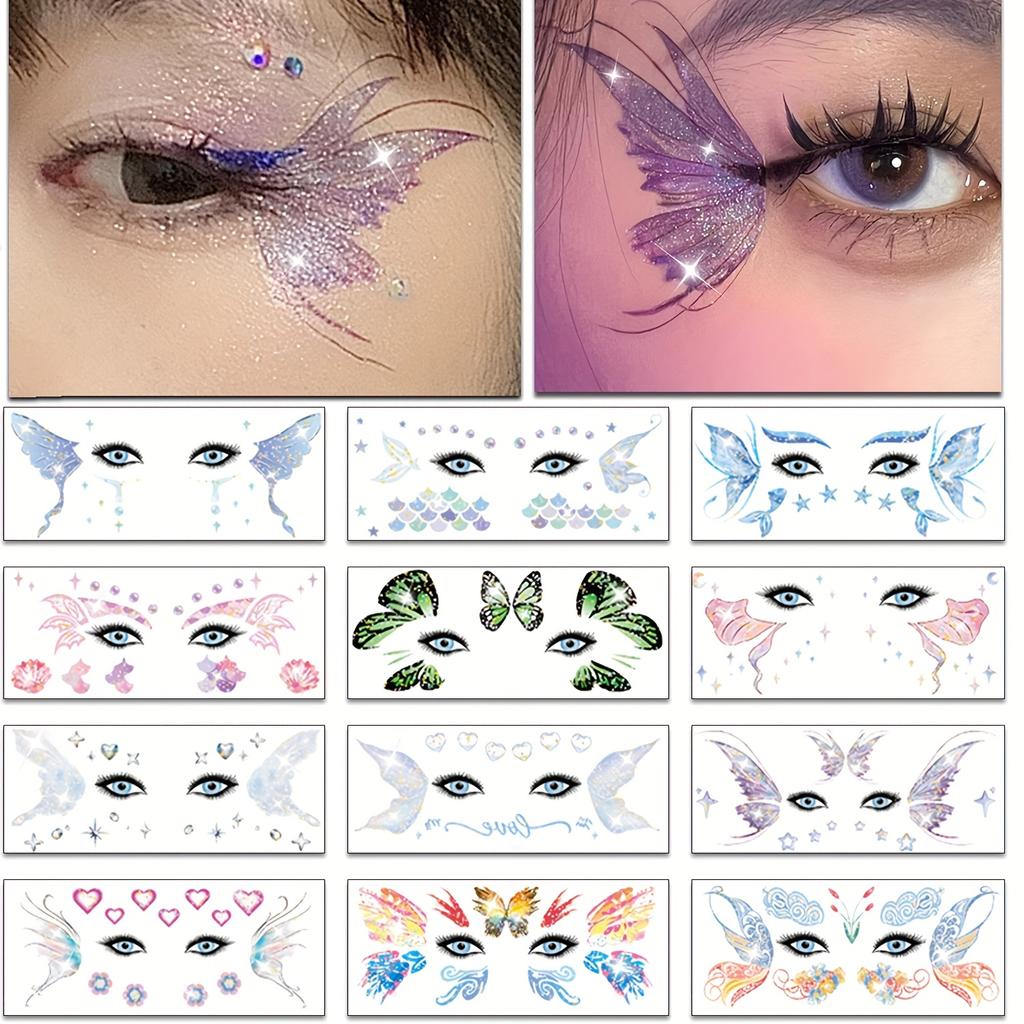Sparkling Butterfly Mermaid Temporary Face Tattoos Fairy Makeup for Princess Parties Halloween and Stage Performances