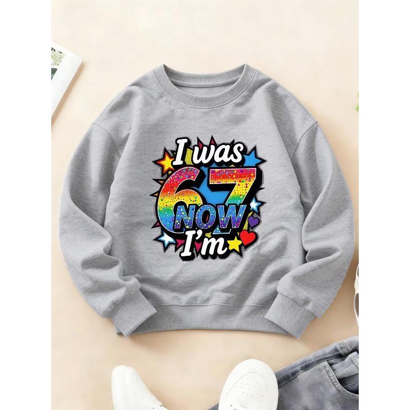 Kids Unisex Crewneck Sweatshirt, Rainbow Confetti Number 6 & 7 With Slogan "I was 6 NOW I'm" Star Heart Decor Print Soft Pullover For 7th Birthday