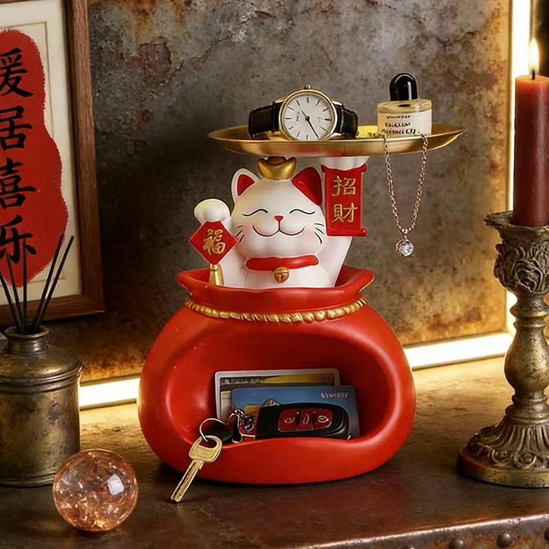 Creative Lucky Cat Storage Tray Decoration Cute Kitten Storage Box Home Office Desktop Decoration Ornament Gift for Friends