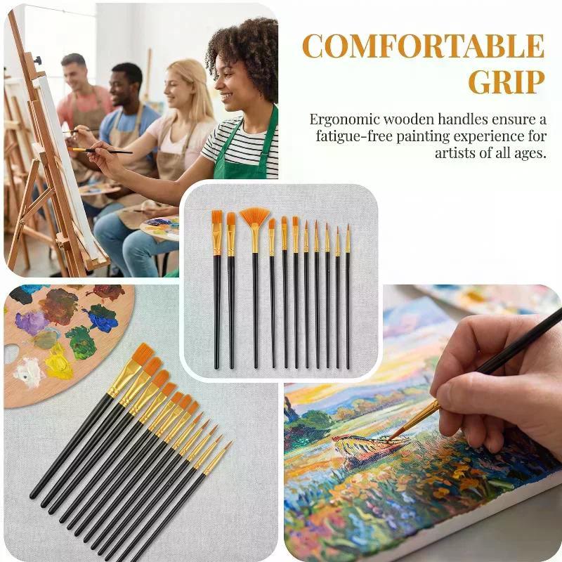 Künstler-Nylon-Flachpinsel-Set 12 Stück Borsten-Aquarellpinsel für Öl-Acrylmalerei Kunstwerkzeuge für Schule und Atelier