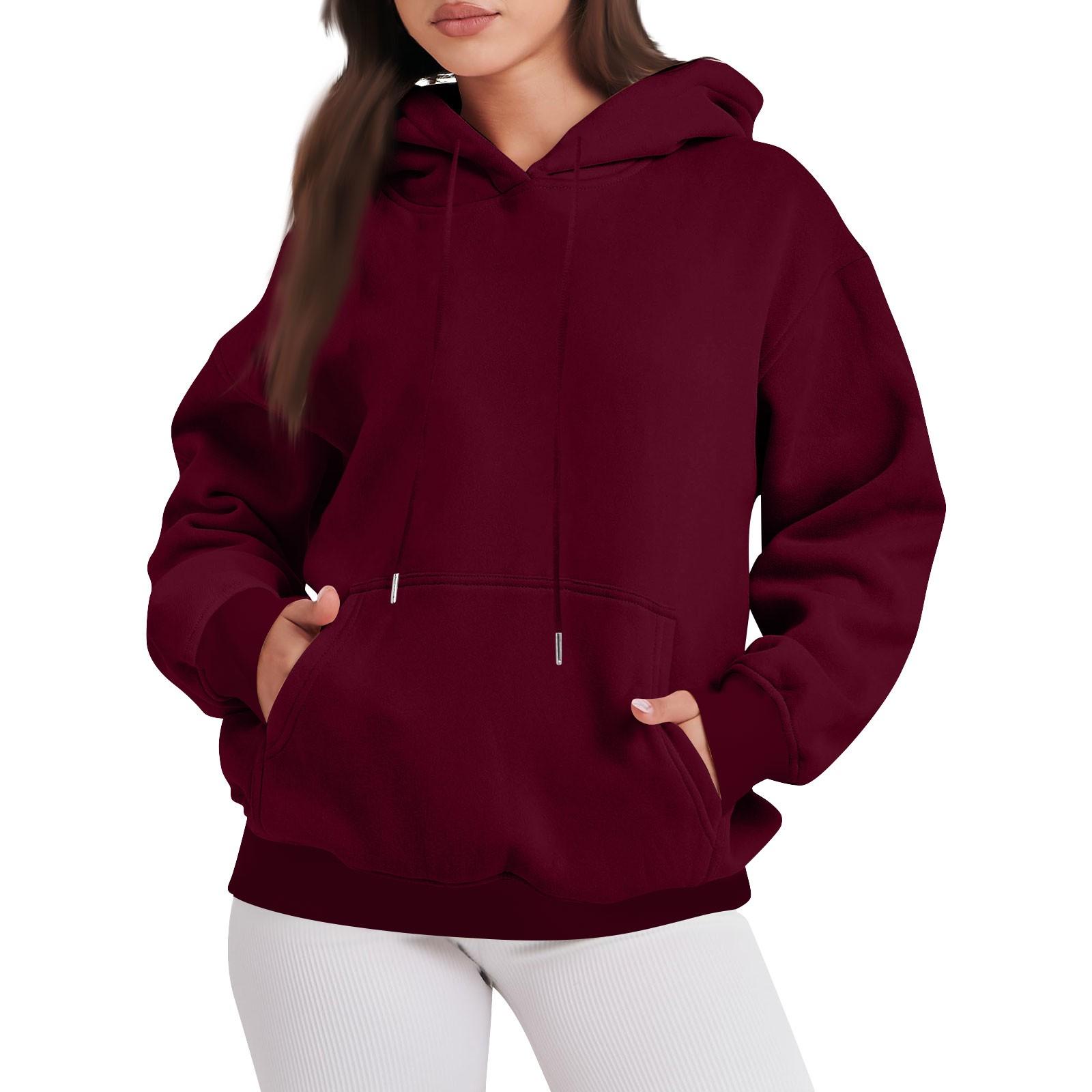 

Женская модная повседневная однотонная толстовка с капюшоном и длинным рукавом с карманом XL винный